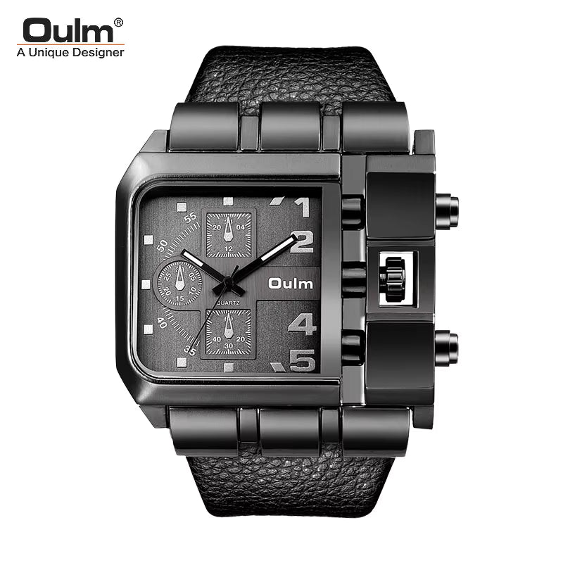 Oulm 3364 Luxury Fashion Business Men Wristwatch Dial Wide Strap Leather with free Earbuds