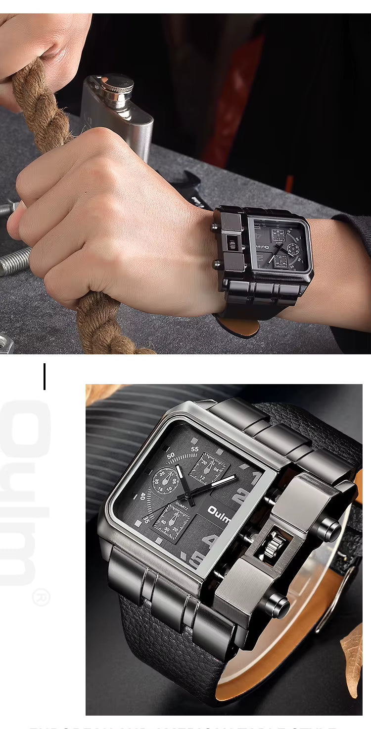 Oulm 3364 Luxury Fashion Business Men Wristwatch Dial Wide Strap Leather with free Earbuds