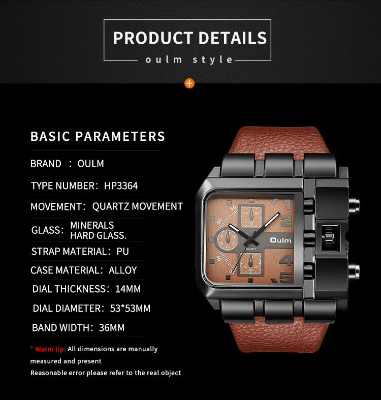 Oulm 3364 Luxury Fashion Business Men Wristwatch Dial Wide Strap Leather with free Earbuds