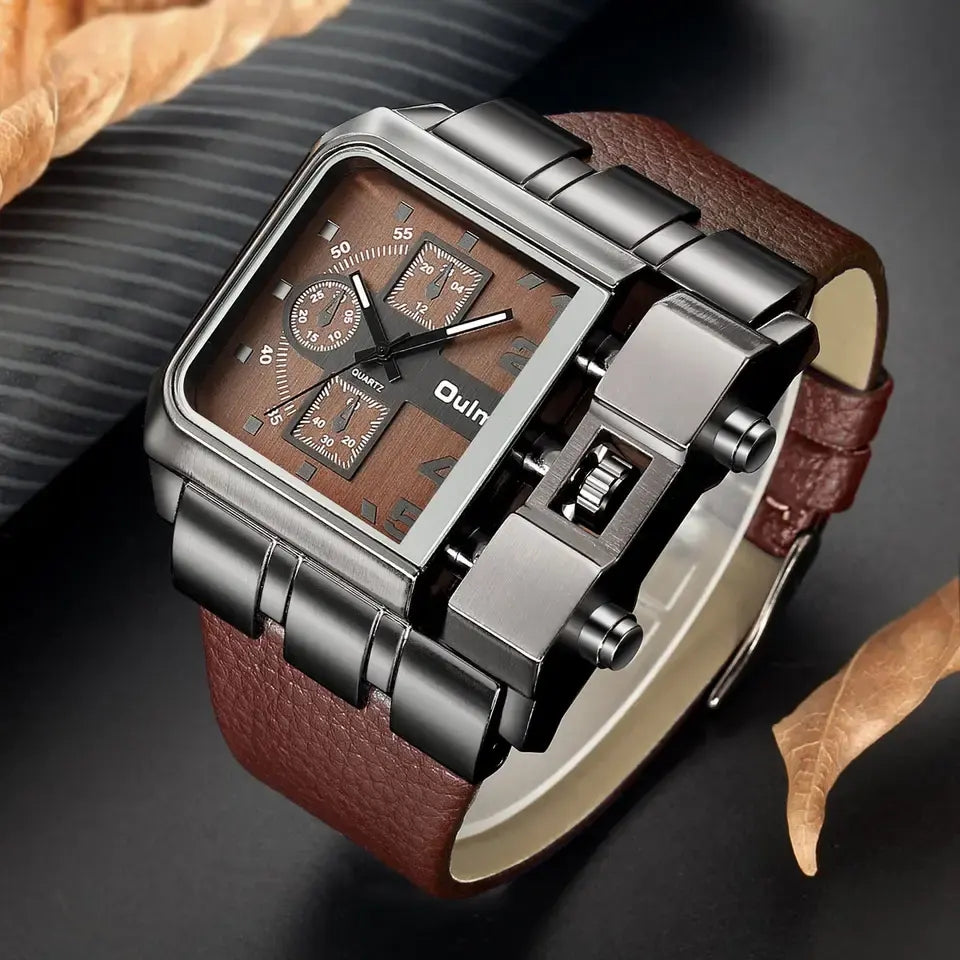 Oulm 3364 Luxury Fashion Business Men Wristwatch Dial Wide Strap Leather with free Earbuds