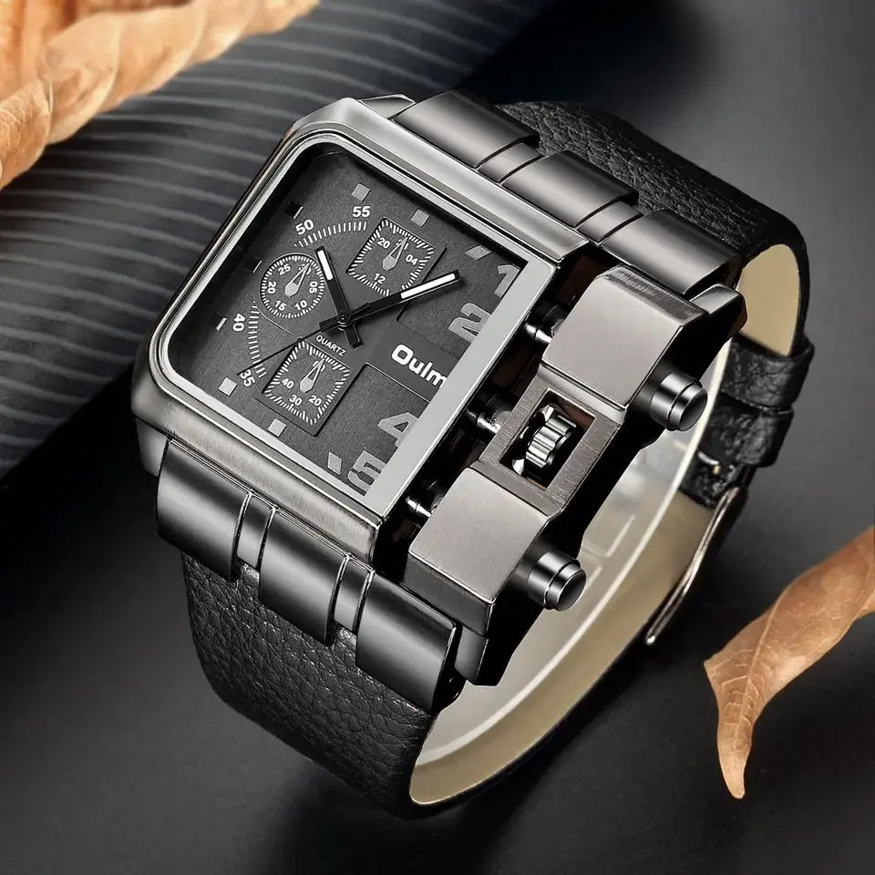 Oulm 3364 Luxury Fashion Business Men Wristwatch Dial Wide Strap Leather with free Earbuds